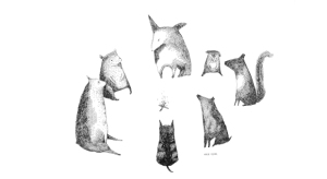 siedem zwierząt siedzi w kole przy ognisku. Ilustracja jest czarno-biała rysowana cienką czarną kreską, tło białe. Zwierzęta wyglądają jak by ze sobą rozmawiały.