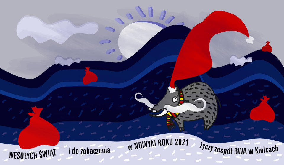na ilustracji z życzeniami świątecznymi dzik w czerwonej czapce Mikołaja wędruje po Górach świętokrzyskich i rozdaje prezenty