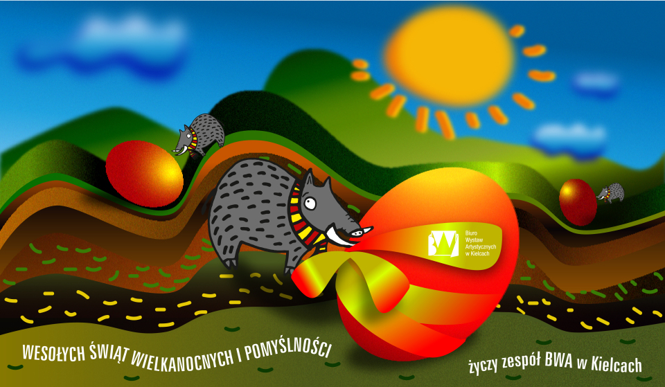 Na ilustracji dzik w szaliku czerwono żółtym toczy czerwone jajo przez Góry świętokrzyskie. Karta świąteczna, ilustracja kolorowa, cyfrowa w poziomie, autor Monika Cybulska/marzec 2021/BWA Kielce.